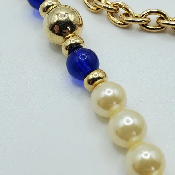 Cobalt Blue Cream Beaded Necklace Multi Strand‎ Gold Tone Statement Elegant - Picture 6 of 9